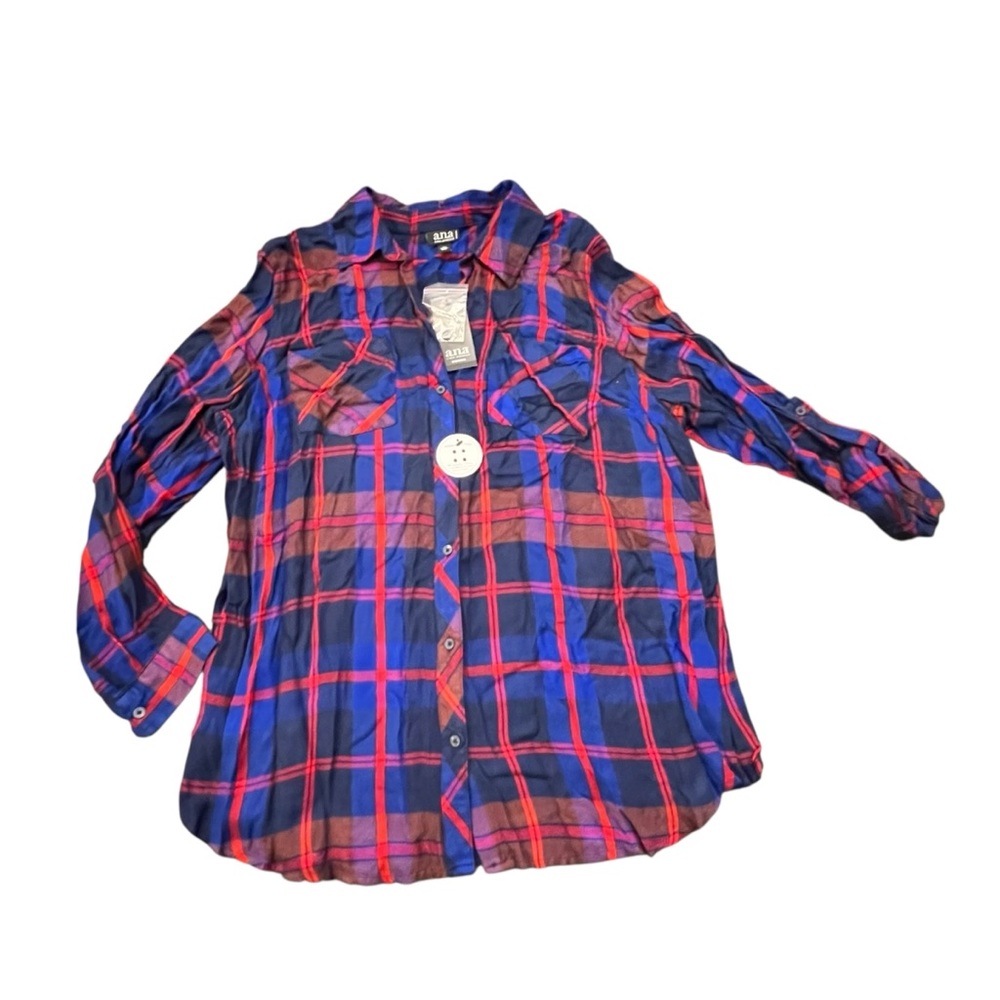 A.N.A Womens Blue Plaid Size XL Long Sleeve Button Down-Up Shirt Roll Tab Sleeve